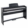 Piano numérique noir avec support, touches et pédales, idéal pour musiciens et débutants passionnés de musique.