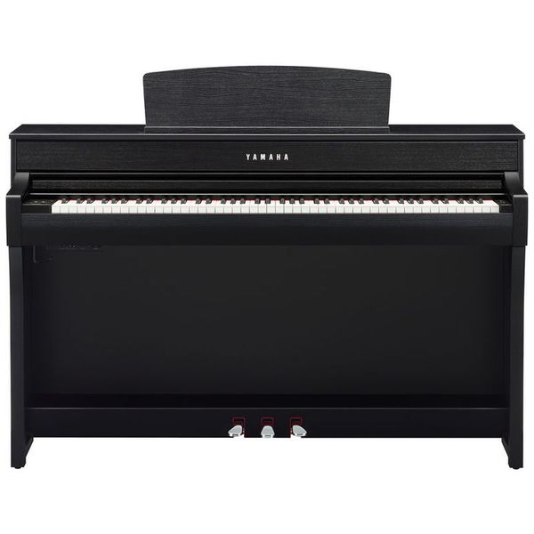 Piano numérique noir Yamaha, design moderne, touches blanches et pédales, idéal pour musique et décoration intérieure.