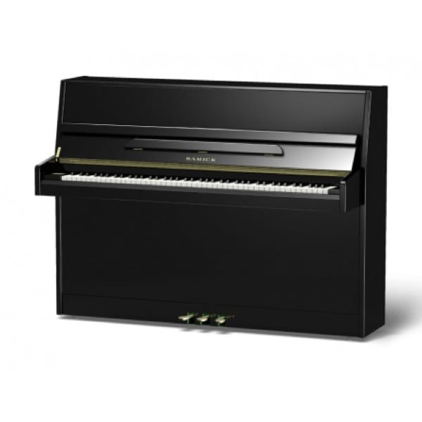 Piano droit noir élégant avec trois pédales, idéal pour les musiciens et décorateurs d'intérieur.