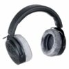 Casque audio noir avec coussinets gris en velours, bandeau matelassé, design moderne et élégant pour une écoute confortable.