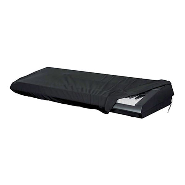 Housse noire protégeant un clavier électronique, avec aperçu partiel des touches, pour protection poussière et transport.