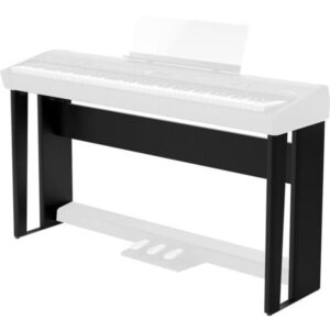 Support noir pour piano numérique, avec trois pédales intégrées, destiné à stabiliser l'instrument pour une utilisation optimale.