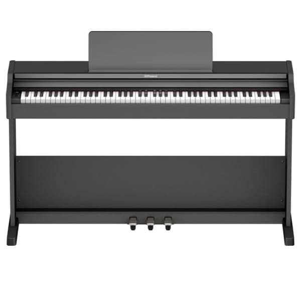 Piano numérique noir avec support et trois pédales, clavier complet de 88 touches, idéal pour les musiciens et les étudiants.