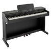 Piano numérique noir avec trois pédales, tabouret inclus, idéal pour amateurs et professionnels de la musique.